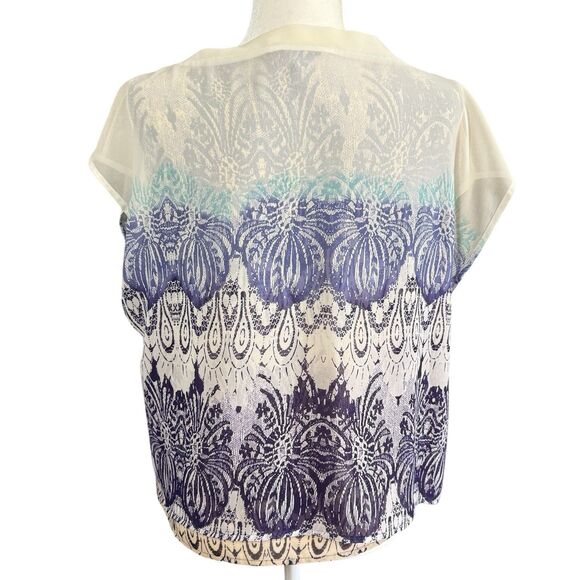 CAbi Blouse Medium Geo Moroccan Blue Print Tie Neck Flowy Layered Shell Top - Picture 7 of 14